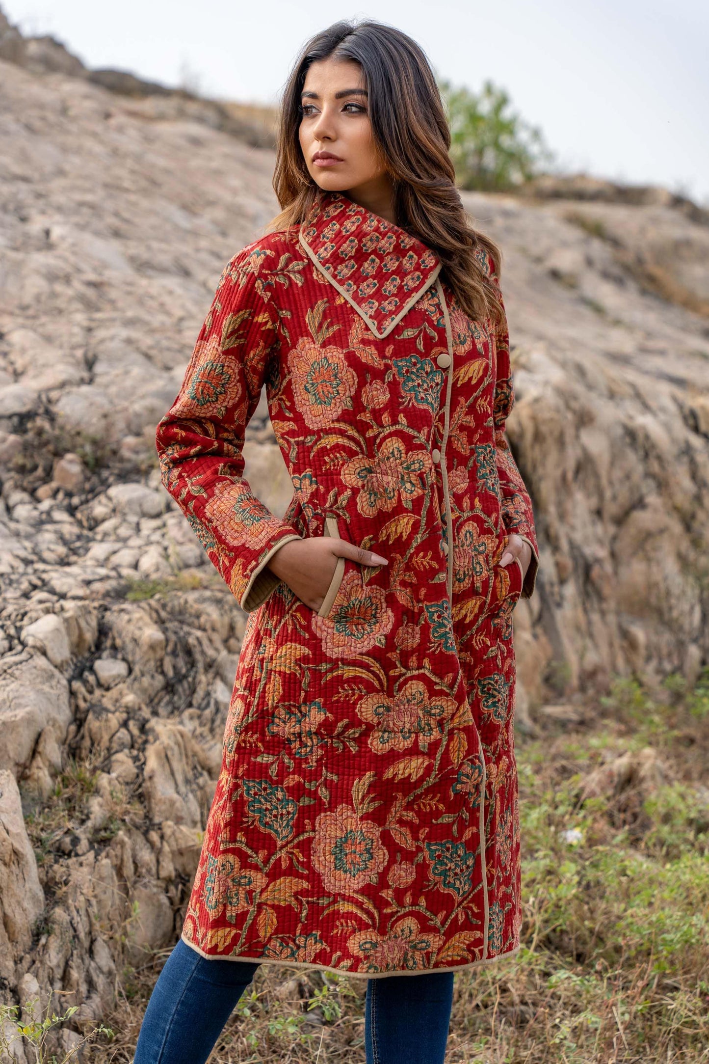 Red Floral Block Printed Quilted Bukhara Coat