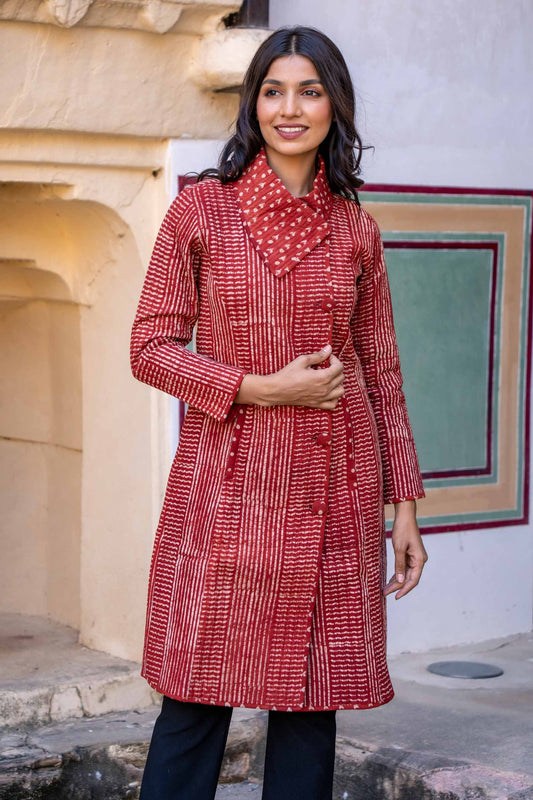 Natural Red Block Printed Quilted Bukhara Coat Silae