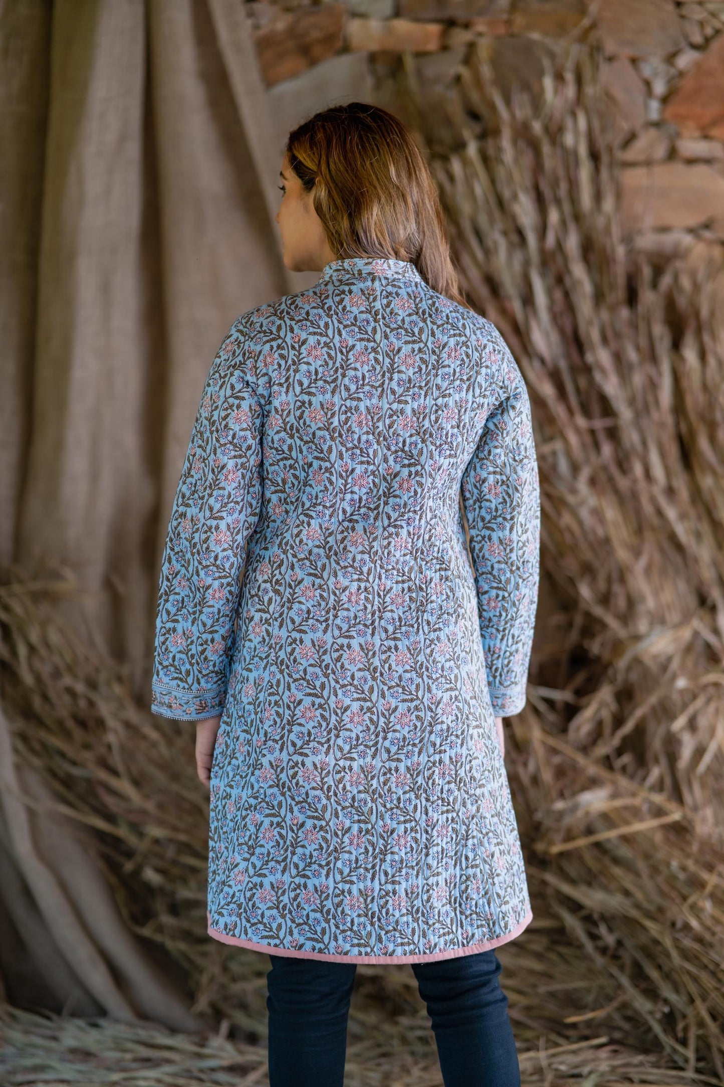 Blue Block Printed Quilted Long Slit Coat