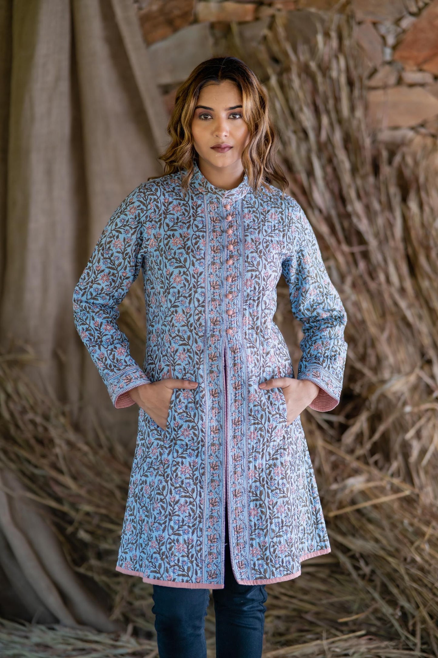 Blue Block Printed Quilted Long Slit Coat