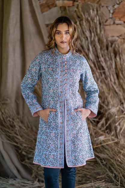 Blue Block Printed Quilted Long Slit Coat