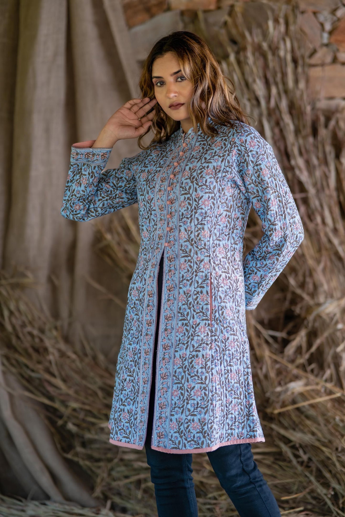Blue Block Printed Quilted Long Slit Coat