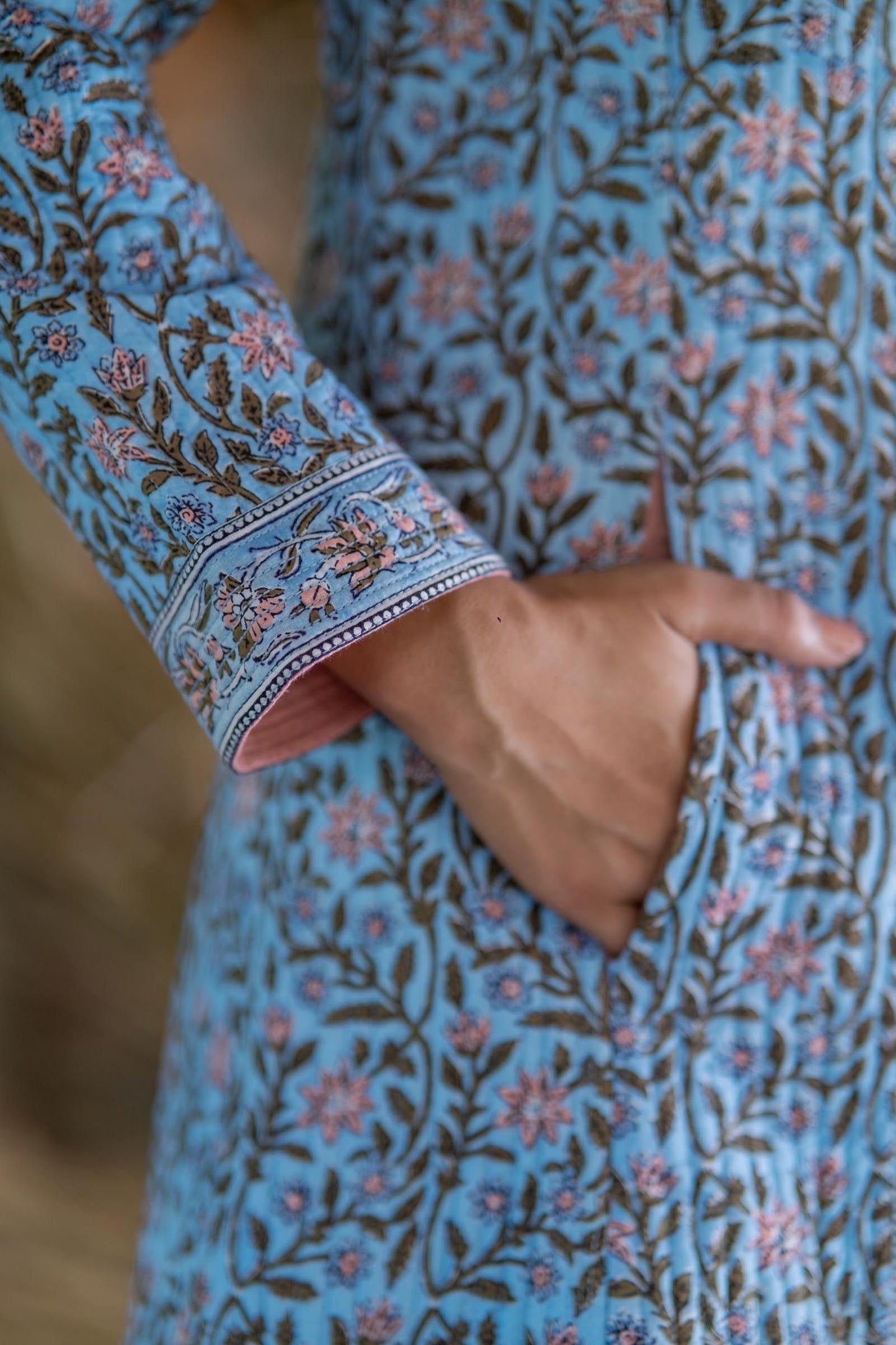 Blue Block Printed Quilted Long Slit Coat