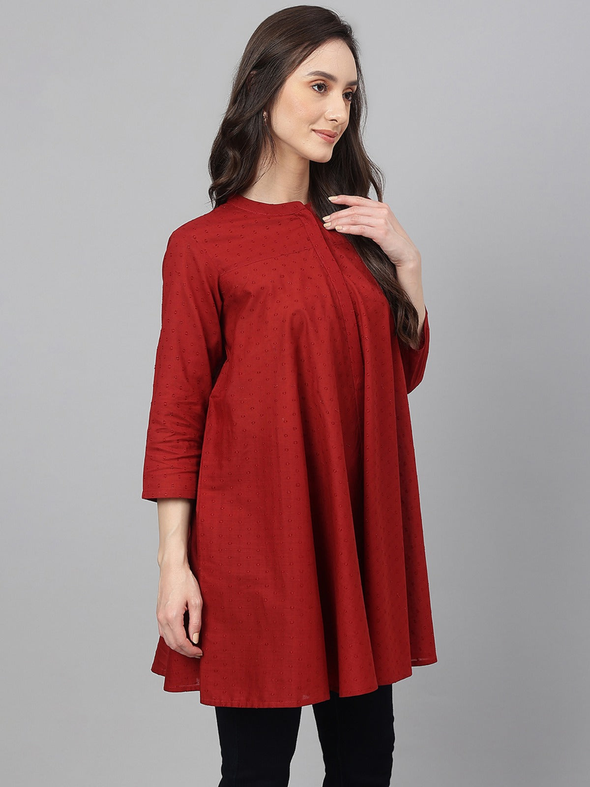 Women's Maroon Dobby Cotton Solid A-Line Tunic