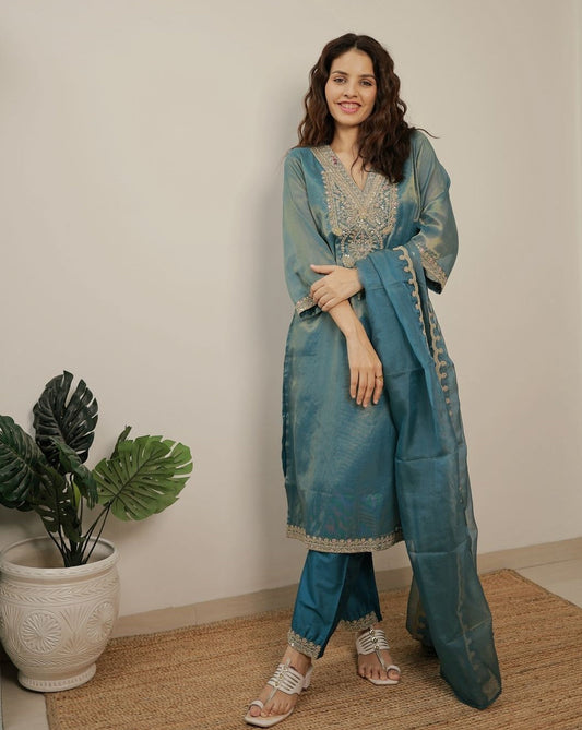 Indo Era Blue Embroidered Straight Kurta Trousers With Dupatta set