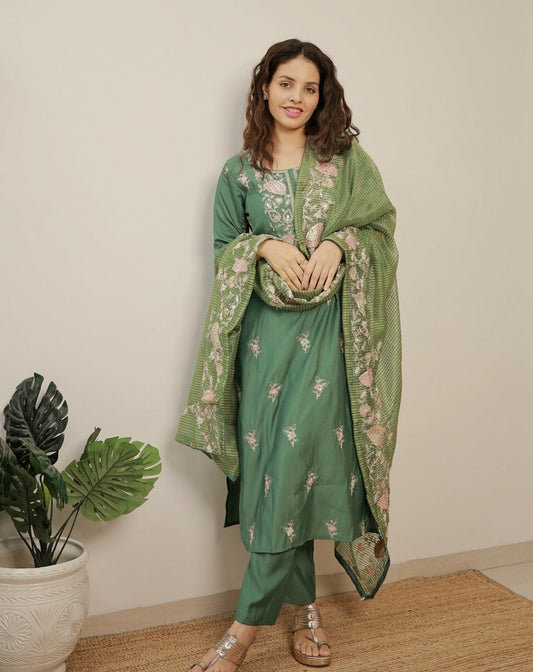 Green Embroidered Straight Kurta Trousers With Dupatta set