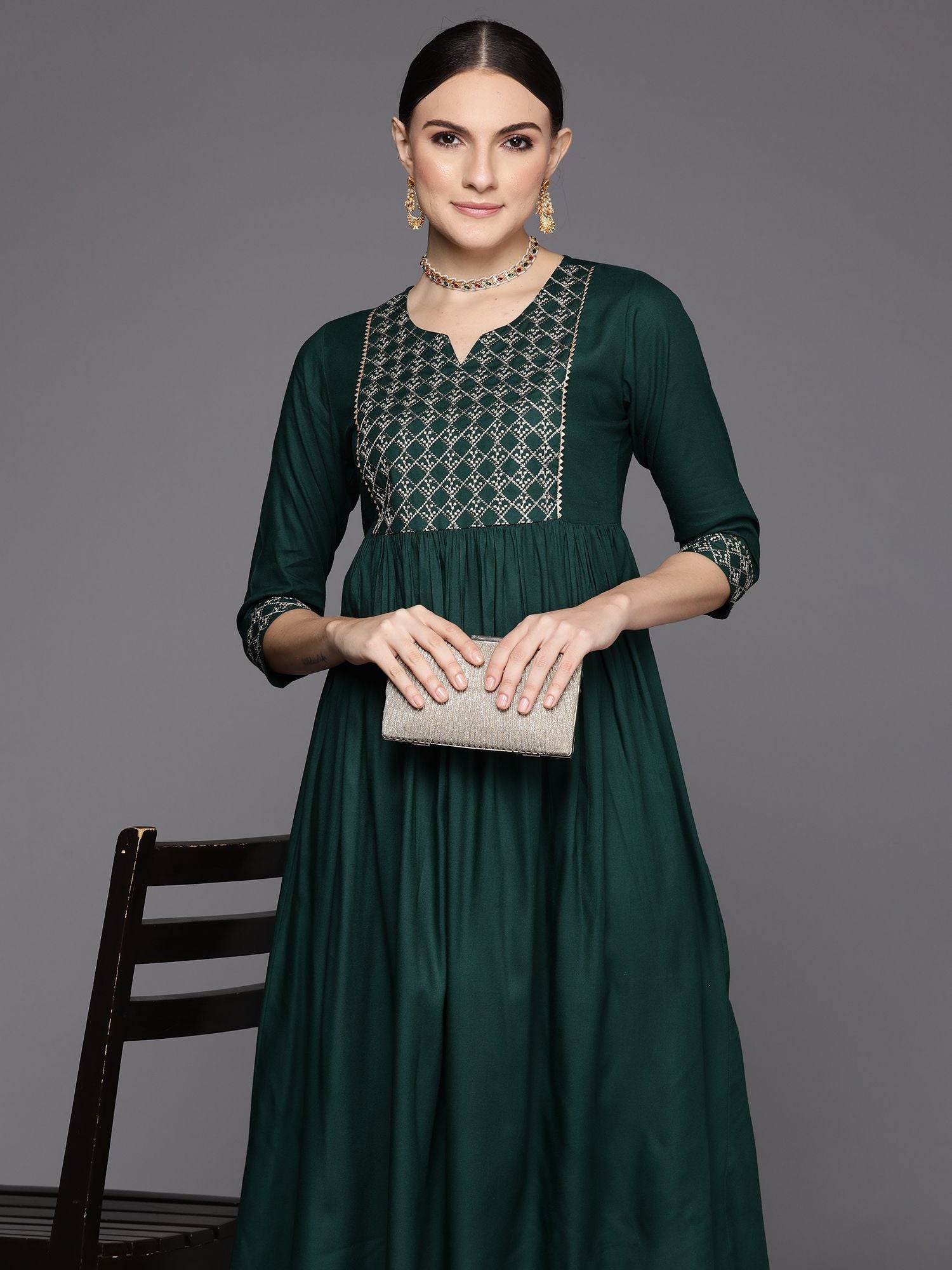 Green Embroidered A-Line Ethnic Dress Indo-Silae