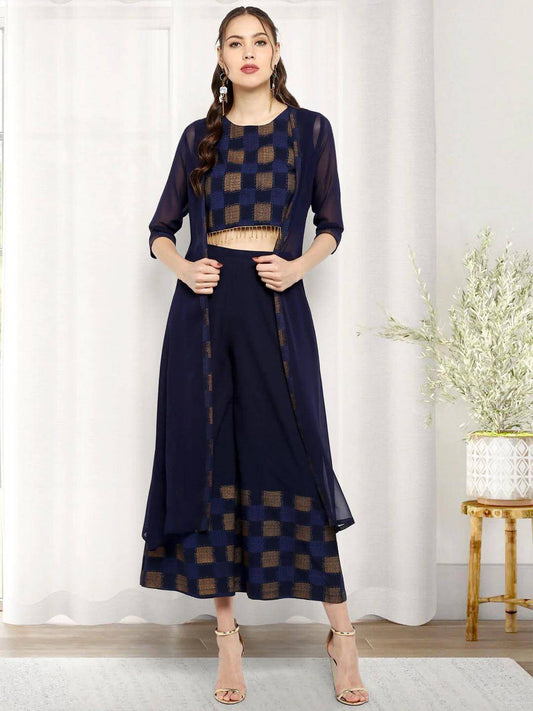 Navy Blue Poly Crepe Gold Print Top With Palazzo And Jacket Silae