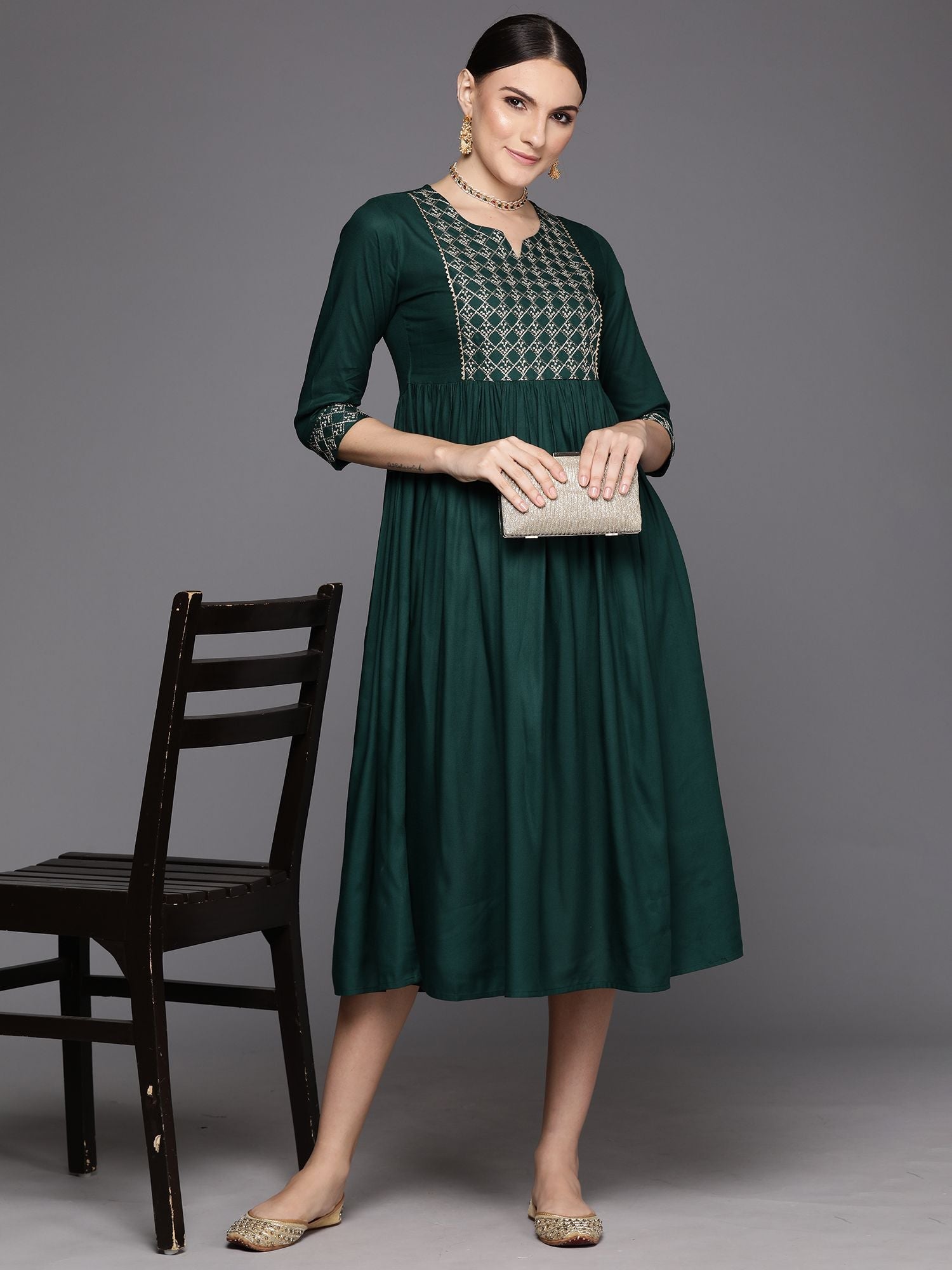 Green Embroidered A-Line Ethnic Dress Indo-Silae