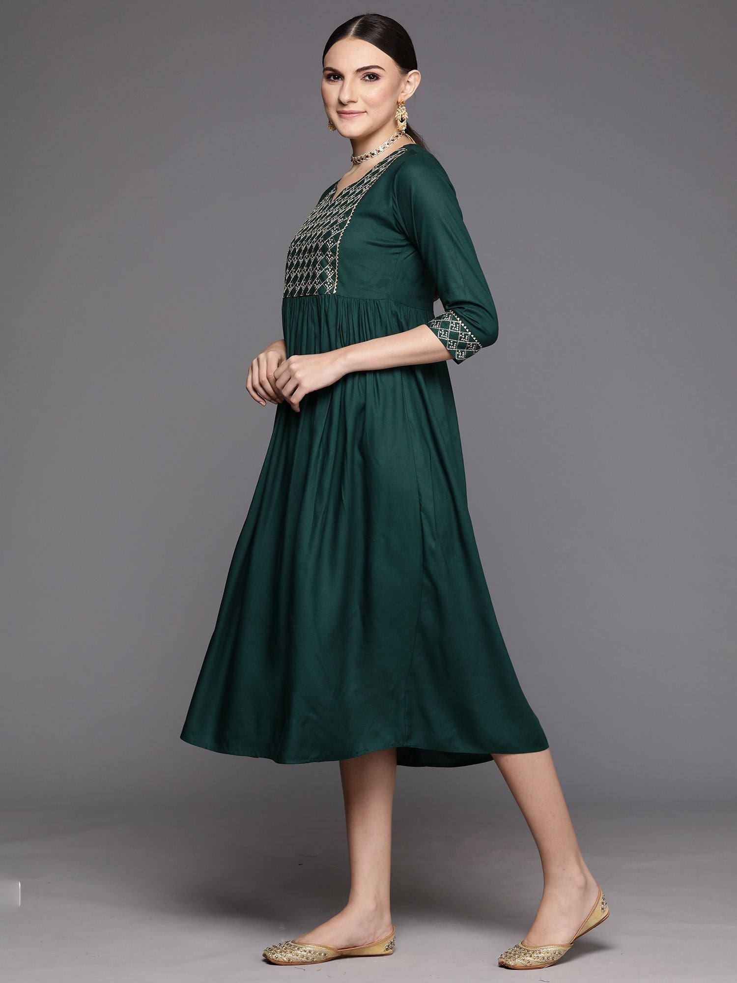 Green Embroidered A-Line Ethnic Dress Indo-Silae